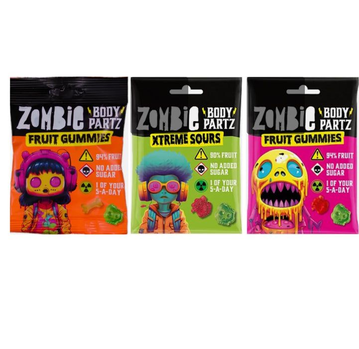 3er Zombie Gummibärchen Set – Zombie Body Partz Halloween Fruchtgummis 3x35g | XTREME SOURS, FRUIT GUMMIES & SOURS | 100% Frucht – Ohne Zuckerzusatz | Vegane Halloween Süßigkeit für Kinder & Erwachse