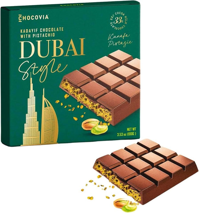 Chocovia Dubai Style Chocolate – Pistachio Chocolate 100g | Luxus-Schokolade mit Pistazien & Kadayif | Orientalische Spezialität – Dubai Style | Feine Confiserie für Genießer