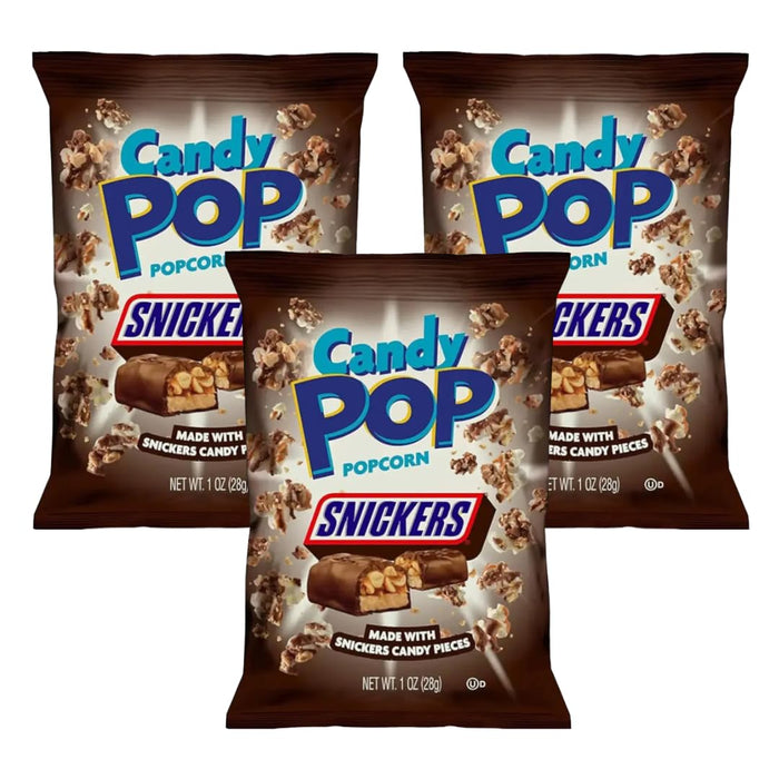 Candy Pop Snickers Popcorn – 3er Pack (3 x 28 g) – Knuspriges Popcorn mit Snickers-Stücken – Süß-salziger US-Snack