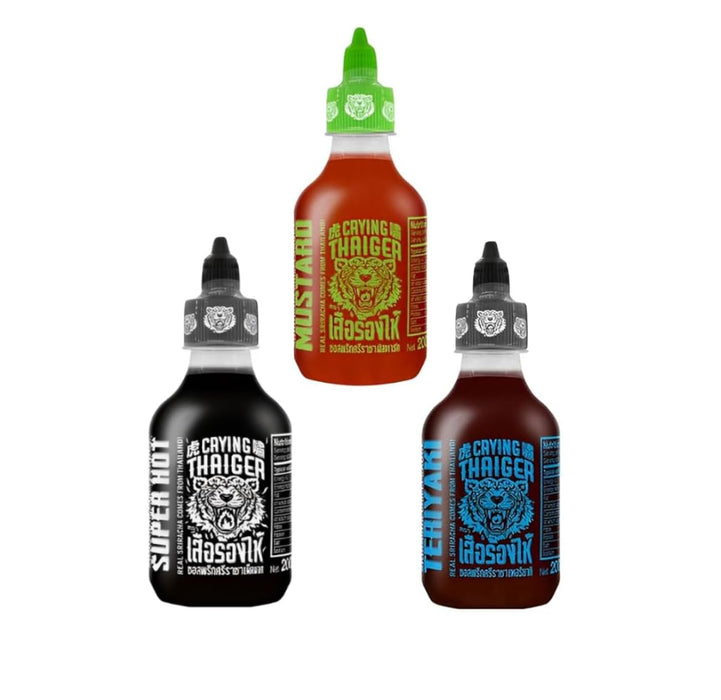 Crying Thaiger Sriracha Saucen Set – 3er Set à 200 ml | Teriyaki, Mustard & Super Hot | Würzige Sriracha Vielfalt aus Thailand | Perfekt für BBQ, Asia-Gerichte & scharfe Saucenliebhaber
