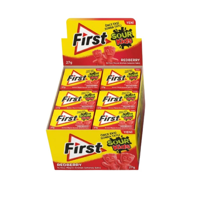 First Sour Kids Kaugummi Redberry 12er Box (324g) – Zuckerfrei, Fruchtiger Kausnack & Saure Süßigkeiten