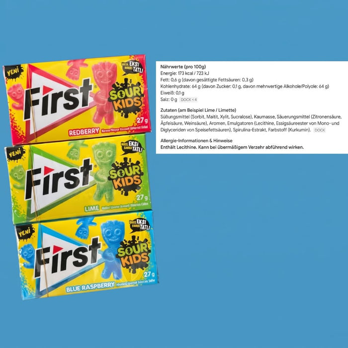 First Sour Kids Kaugummi 3er Mix Probierpaket (Redberry, Lime, Blue Raspberry) Zuckerfrei Sauer Süß (3 Stück)