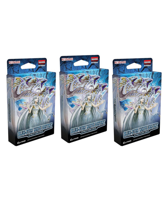 3x Yu-Gi-Oh! Structure Deck: Blue-Eyes White Destiny (Englisch) + Heartforcards® Versandschutz