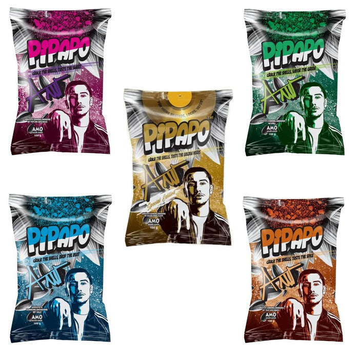 AMO PiPAPO Sonnenblumenkerne Special Edition – 5 Sorten im Set | Gold Herbs, Salzig, Natur, Taco & Popcorn | je 100g