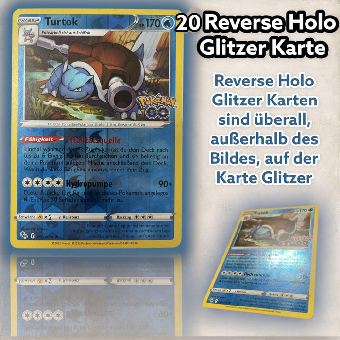 Original 20 Pokemon Karten Reverse Holo Glitzer, deutsch seltene Pokémon Karten Holographische Reverse Verschiedene Karten aus aktuelle Sets + Heartforcards® Versandschutz
