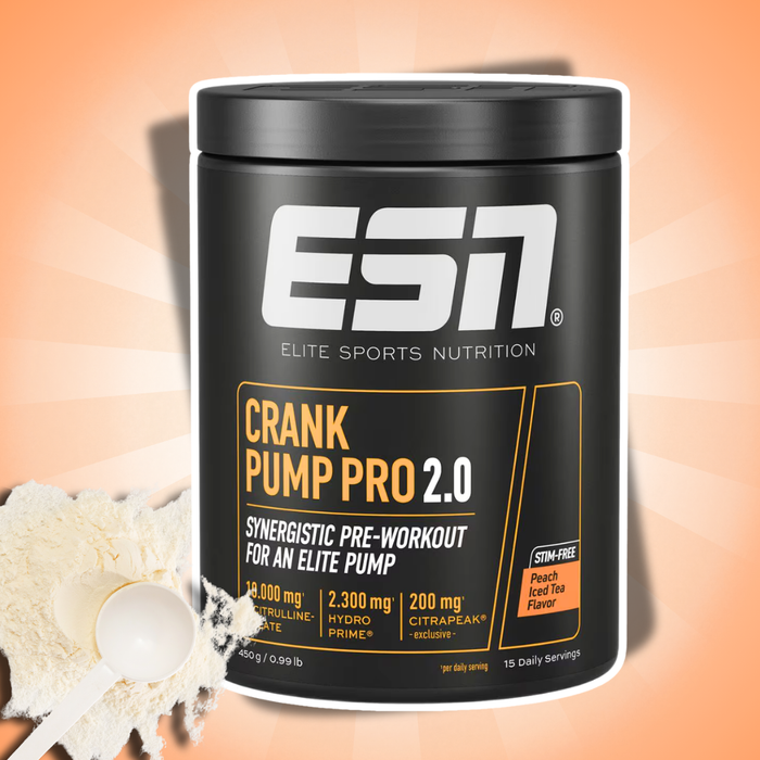 ESN Crank Pump Pro 2.0 Peach Ice Tea Flavour 450 g – Stimulationsfreies Pre-Workout Pulver