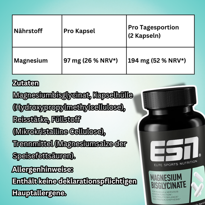 ESN Magnesium Bisglycinate 120 Kapseln | Hochwertiges Magnesium-Bisglycinat