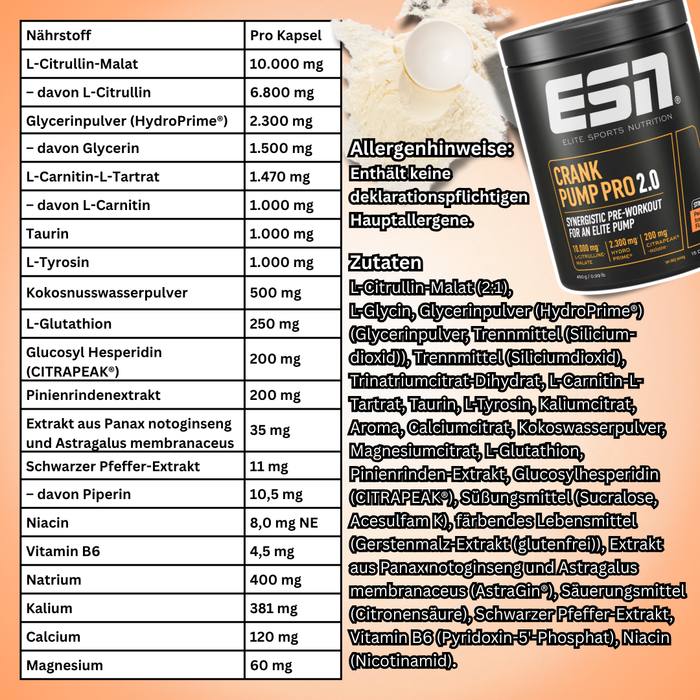 ESN Crank Pump Pro 2.0 Peach Ice Tea Flavour 450 g – Stimulationsfreies Pre-Workout Pulver