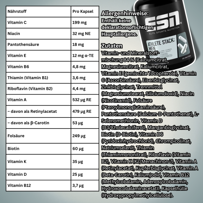 ESN Athlete Stack: Men 210 Kapseln – Vitamin- und Mineralstoffkomplex für Männer