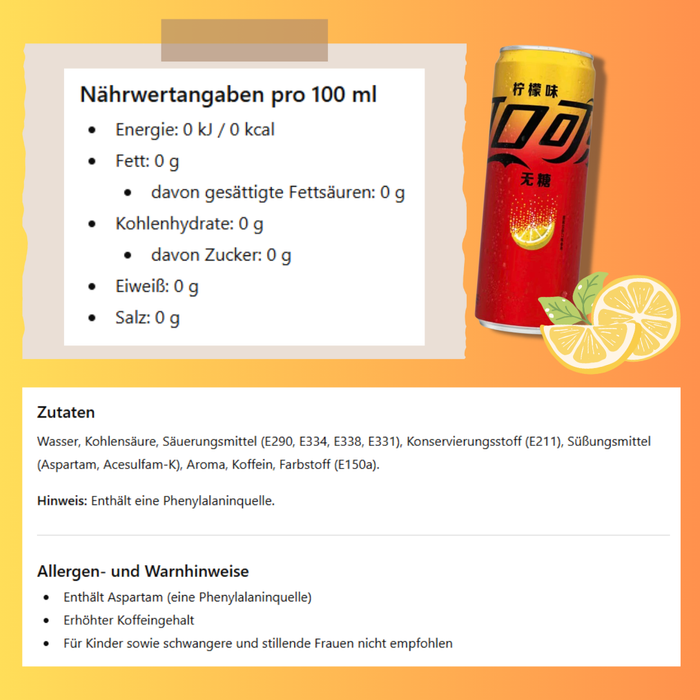 1 x 330ml Coca-Cola Zero Zucker Lemon – Koffeinhaltiges Erfrischungsgetränk mit Zitronengeschmack