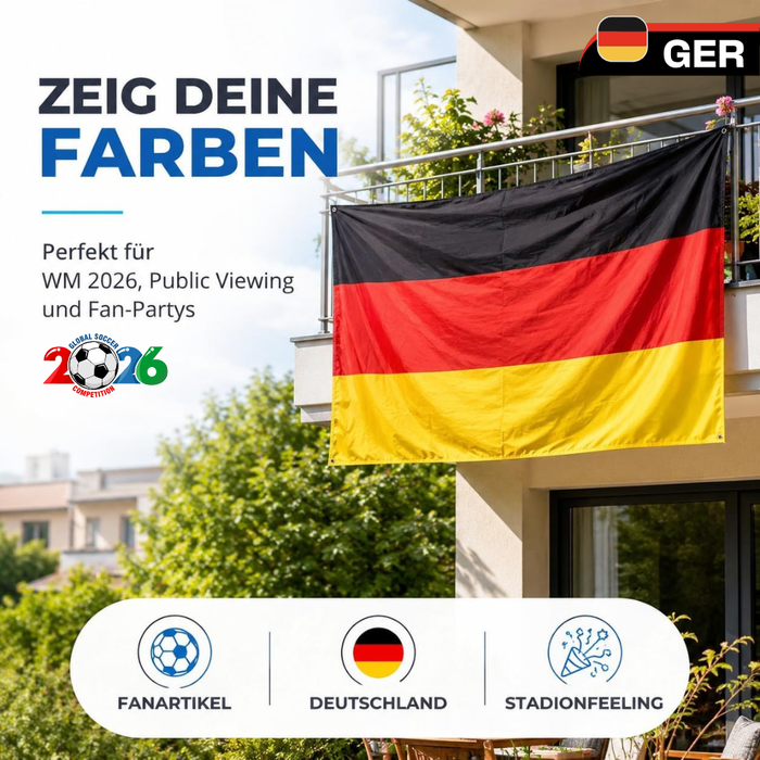 Deutschland Flagge 90x150 cm – WM 2026 Fan Fahne – Polyester, wetterfest & reißfest – mit Metallösen
