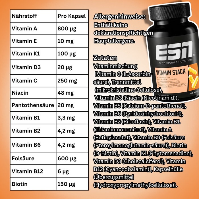 ESN Vitamin Stack 120 Kapseln – Multivitamin-Komplex mit 13 Vitaminen