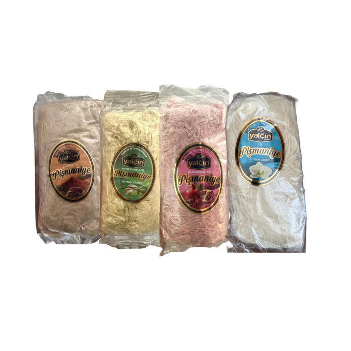 4x YALCIN Pismaniye – Türkische Zuckerwatte | 4x 250g | Sorten: Vanille, Kakao, Pistazie & Granatapfel | Cotton Candy Spezialität