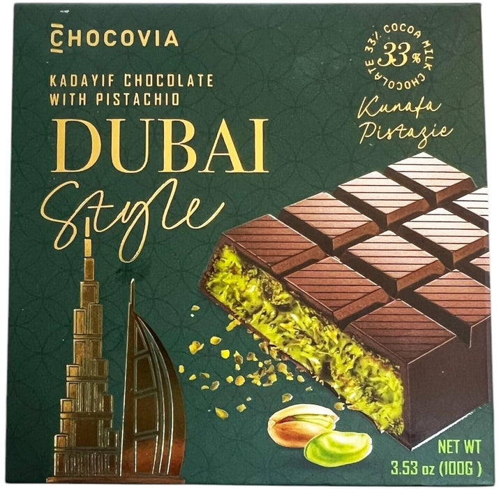 Chocovia Dubai Style Chocolate – Pistachio Chocolate 100g | Luxus-Schokolade mit Pistazien & Kadayif | Orientalische Spezialität – Dubai Style | Feine Confiserie für Genießer