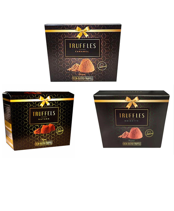 3x Truffles – Edle Trüffelpralinen mit Kakaopuder | 3x 150g | Nature, Haselnuss und Karamell