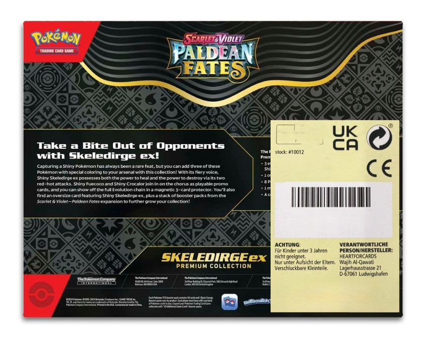 Pokémon Paldean Fates Skeledirge ex Premium Collection Englisch – 8 Booster + 3 Promo-Karten