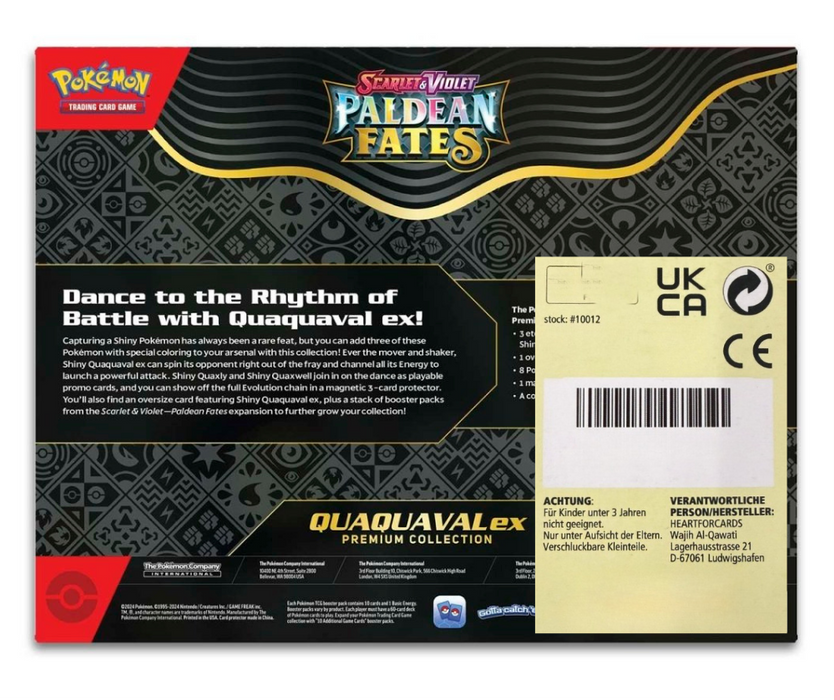 Pokémon Paldean Fates Quaquaval ex Premium Collection Englisch – 8 Booster + 3 Promo-Karten