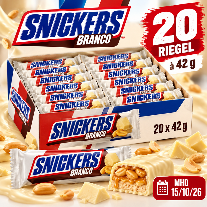 SNICKERS Branco White Chocolate Riegel 20 x 42 g – 1 Packung mit 20 Riegeln – Brasilianische Schokoriegel mit weißer Schokolade, Erdnüssen, Karamell und Nougat – 840 g
