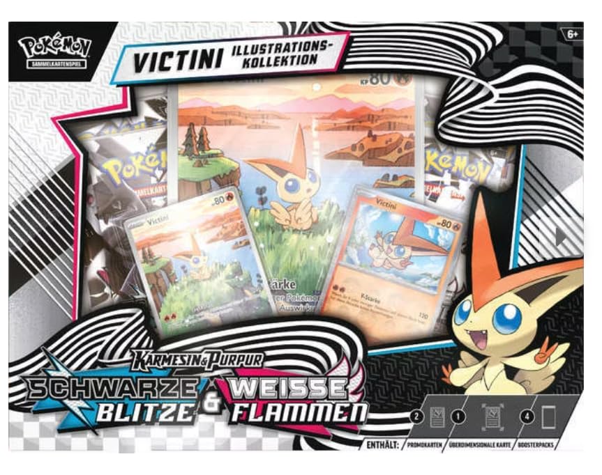 Pokémon Schwarze Blitze & Weiße Flammen – Victini Illustration Kollektion [Deutsch] | 4 Booster, 2 Promokarten & Jumbo-Karte | Mit Heartforcards® Versandschutz