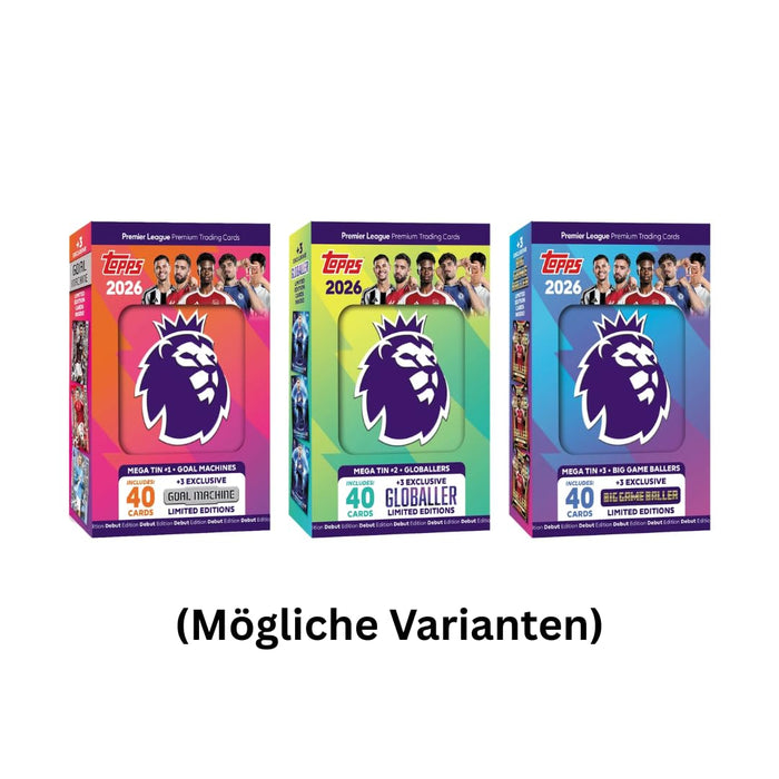Topps Premier League 2025/26 Debut Edition Mega Tin – 40 Trading Cards inkl. 3 Exklusive LE-Karten (1 x zufällige Tin)