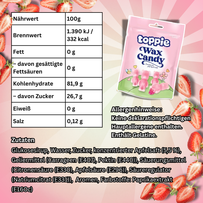 1x Toppie Wax Candy 40 g – Flüssige Süßigkeit in Wachshülle (Blueberry, Strawberry oder Green Apple) – Zufällige Sorte