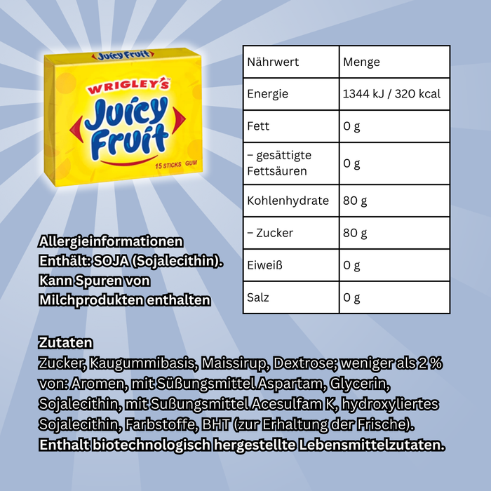 10x Wrigley’s Juicy Fruit Original Kaugummi – 10x37,5 g – Klassischer fruchtiger Kaugummi-Geschmack