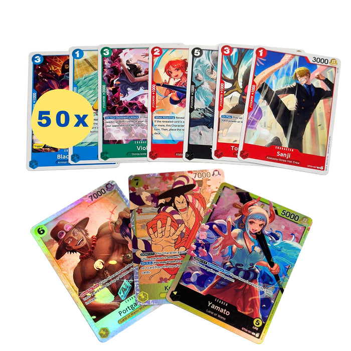 50 original One-Piece-Karten - Englisch - Plus 1 Seltene (Holo) garantiert + Heartforcards® Versandschutz