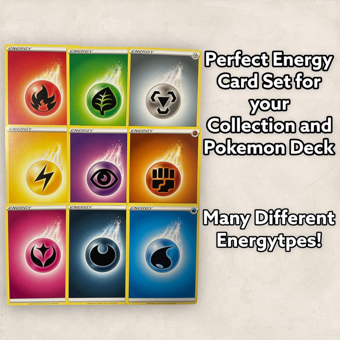 Pokémon TCG – 100 Basis-Energiekarten | Alle Energietypen enthalten | 5–20 Karten pro Typ