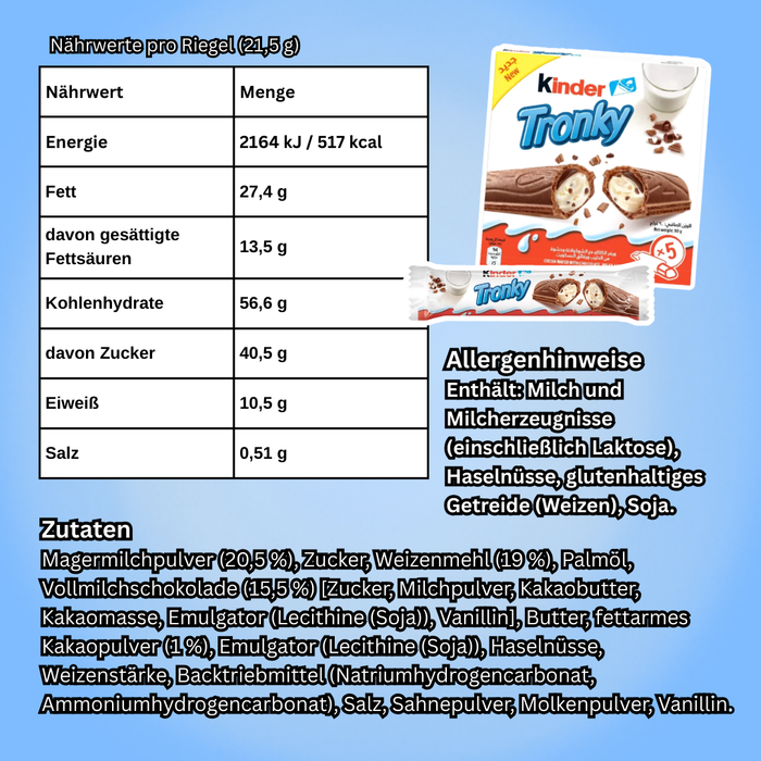 Kinder Tronky – Knusprige Waffel mit Milch-Haselnuss-Füllung – 20×90 g