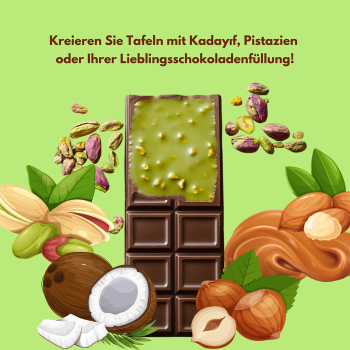 Schokoladenformen für Dubai-Schokolade 2x Tief Silikon Backform Set für 2x200g Ideal für DIY Schokoriegel, Kadayif, Pistazien & Pralinen Vegan Geschirrspülergeeignet Befüllen