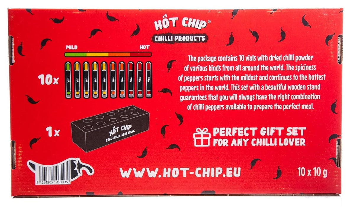 Hot Chip Chili Geschenkset mit 10 Chilipulvern & Holzständer – von mild bis extrem scharf
