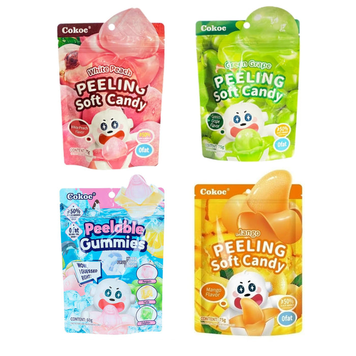 Cokoc Peeling Soft Candy – 4x Fruchtgummi-Snack zum Schälen – Mango, White Peach, Green Grape, Mixed Fruit Soda – Trend aus China - 300g Gesamt