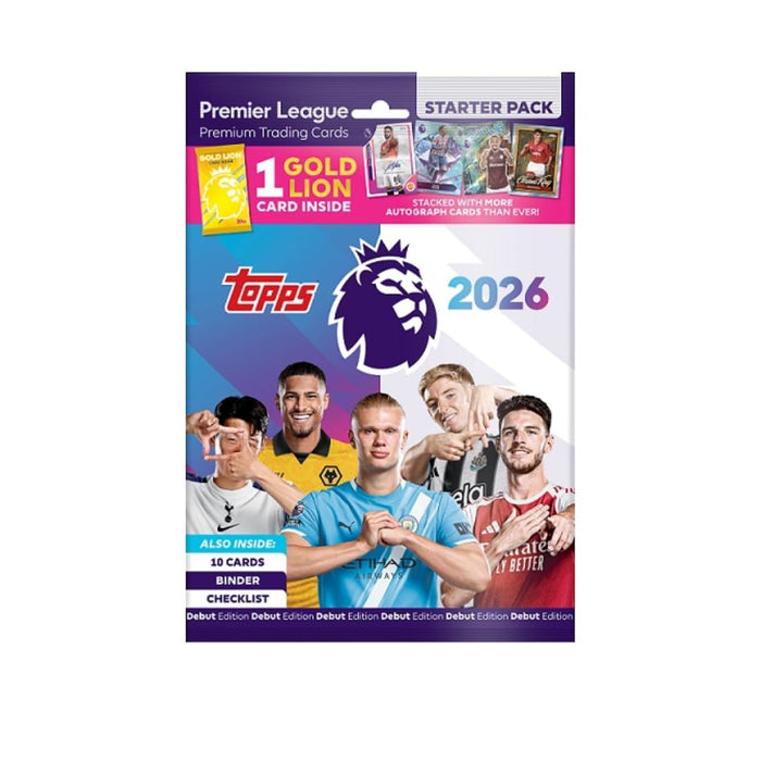 Topps Premier League 2025/26 Starter Pack – 10 Karten + garantierte Gold Lion Karte, inkl. Binder & Sammler-Guide – Debut Edition