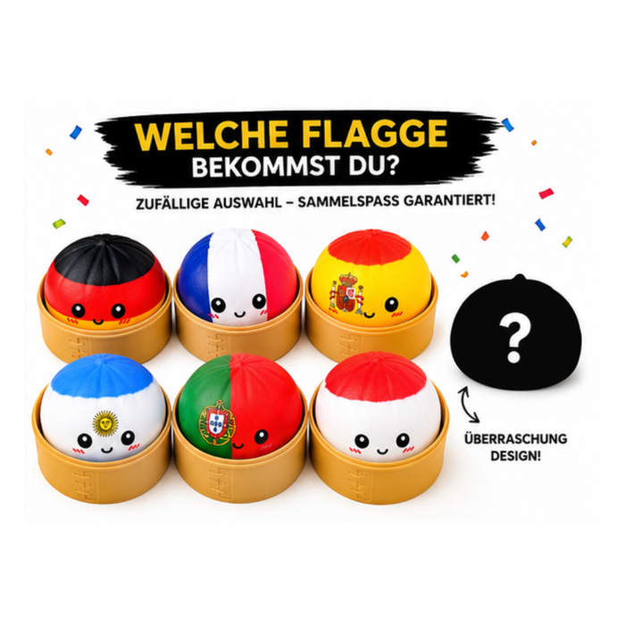 World Cup Mystery Squishy Bun 8,5 cm – Zufällige Länderflagge Blind Box – XXL Anti Stress Ball im Bambus Dampfkorb