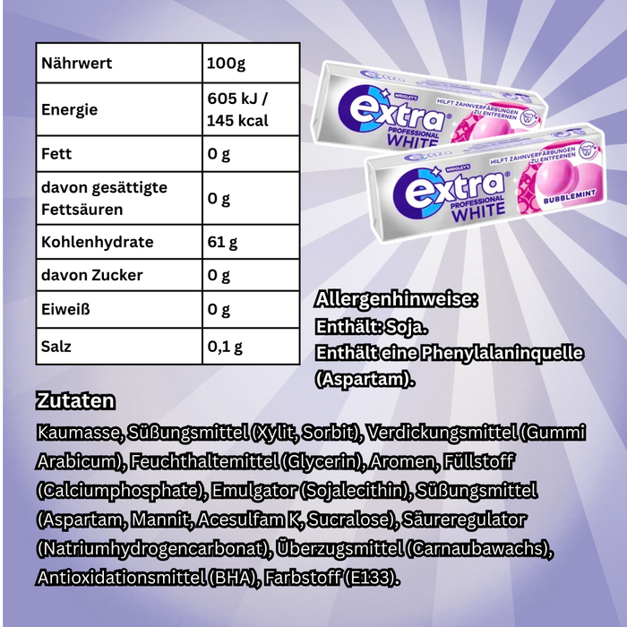 Wrigley's Extra Professional White Bubblemint Kaugummi 30 x 10 Dragees – Zuckerfreier Kaugummi mit Bubblemint-Geschmack