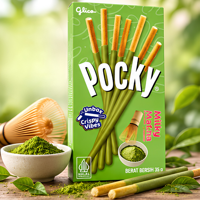 Glico Pocky Milky Matcha 35 g – Knusprige Kekssticks mit cremiger Matcha-Grüntee-Milchglasur