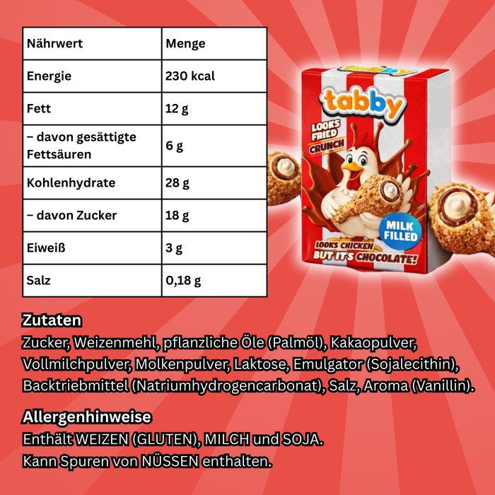 Tabby looks fried but its chocolate – crunch chocolate milk filled, Schoko-„Hähnchenteile“ mit Knusperhülle 48g