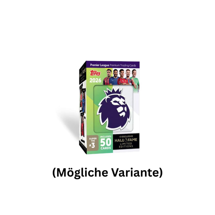 Topps Premier League 2025/26 Super Tin (Hall of Fame Serie) – 50 Trading Cards inkl. 3 exklusive Hall of Fame LE-Karten & 1:10 Chrome King Chance – Debut Edition