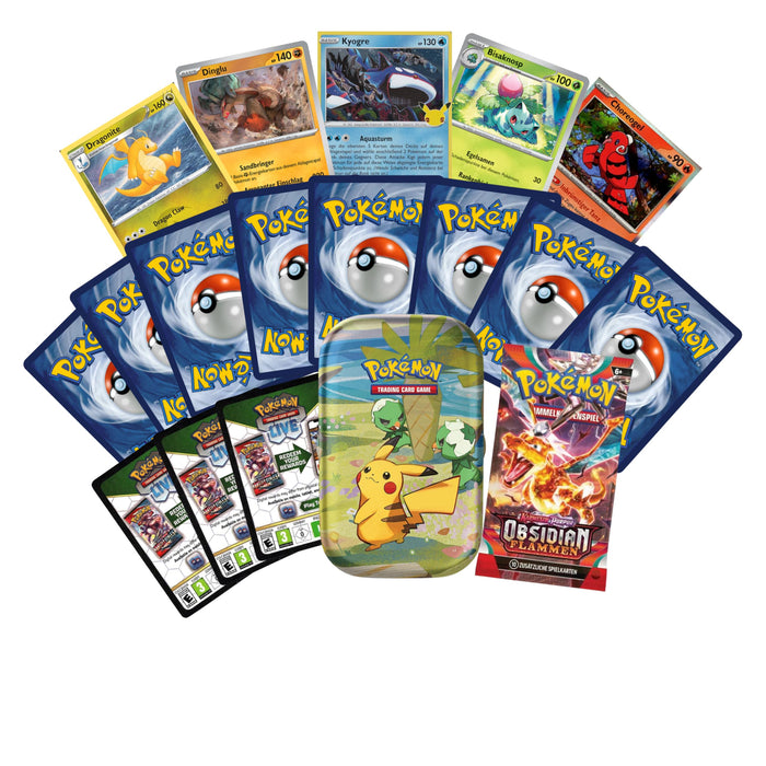Pokémon SUPER Geschenk Paket | 1 mini Tin Box mit 50 zufälligen Karten | 1 zufälliger Booster | 3 Codes | 5 Holo Karten