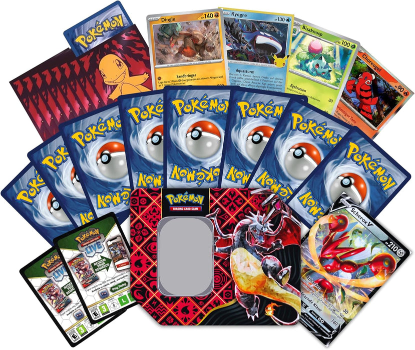 Pokémon MEGA Geschenk Paket | 1 große zufällige Tin Box mit 100 zufälligen Karten | 1 V Karte | 65 Hüllen | 10 Codes | 20 Holo Karten & Zubehör