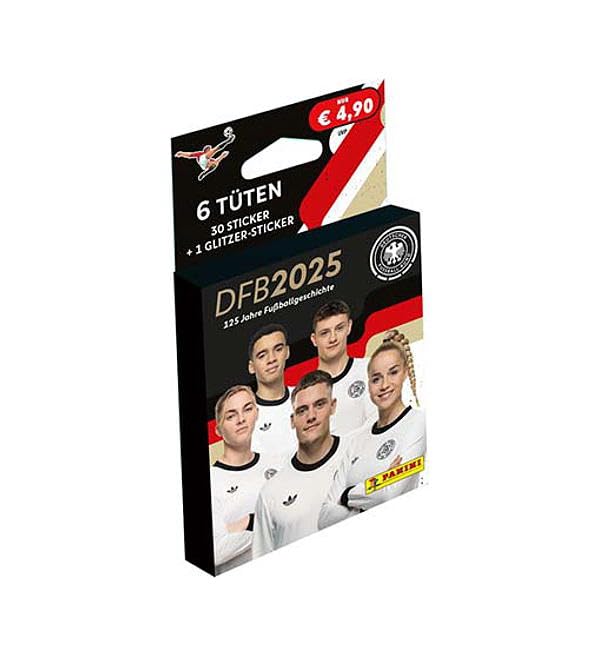 Panini DFB 2025 - 125 Jahre Fußballgeschichte Sticker | Eco-Blister | 6 Tüten + 1 Special-Sticker + Heartforcards® Versandschutz