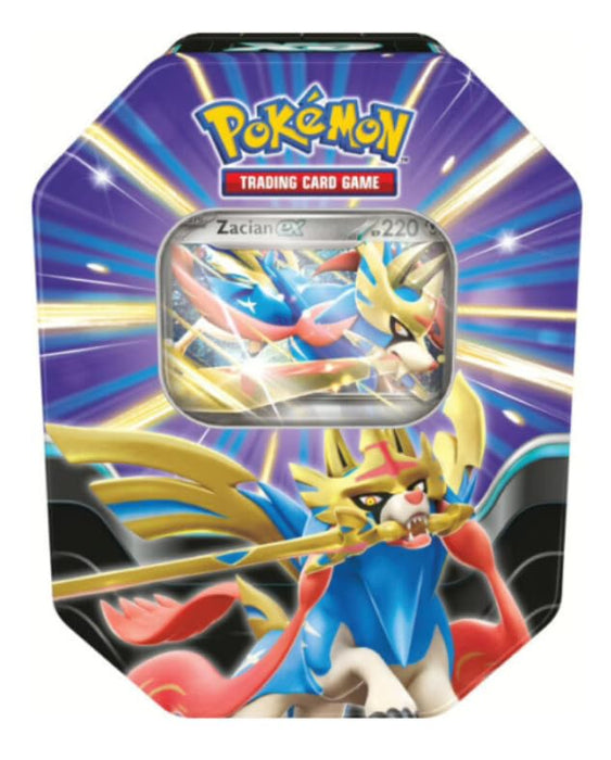 Pokémon TCG – Tin #122 Zacian-ex | Schlagkräftige Legenden | Deutsch | 1 Holo-Promokarte & 4 Boosterpacks & Code-Karte