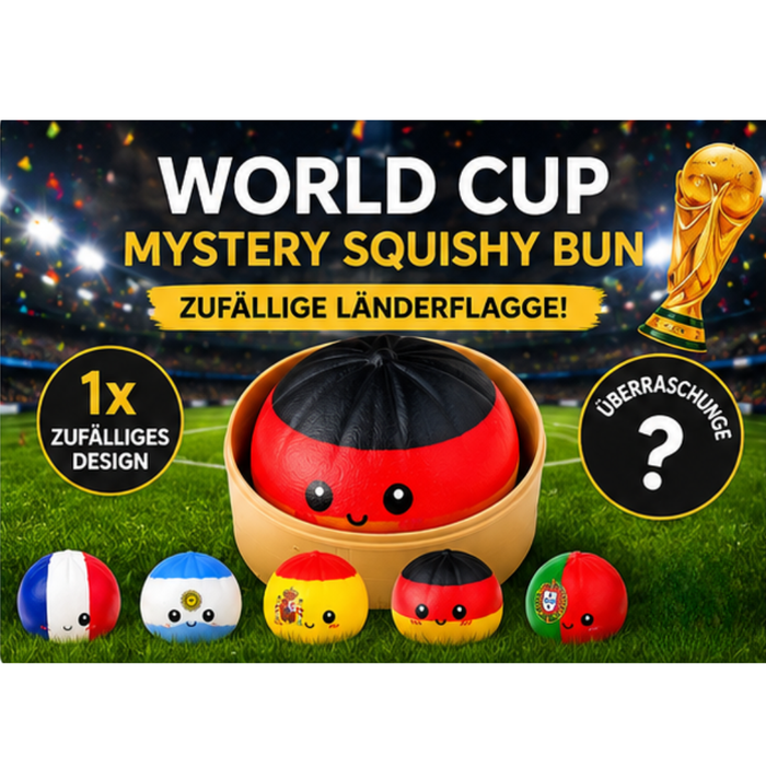 World Cup Mystery Squishy Bun 8,5 cm – Zufällige Länderflagge Blind Box – XXL Anti Stress Ball im Bambus Dampfkorb