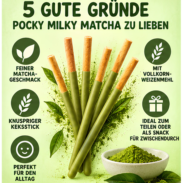 Glico Pocky Milky Matcha 35 g – Knusprige Kekssticks mit cremiger Matcha-Grüntee-Milchglasur