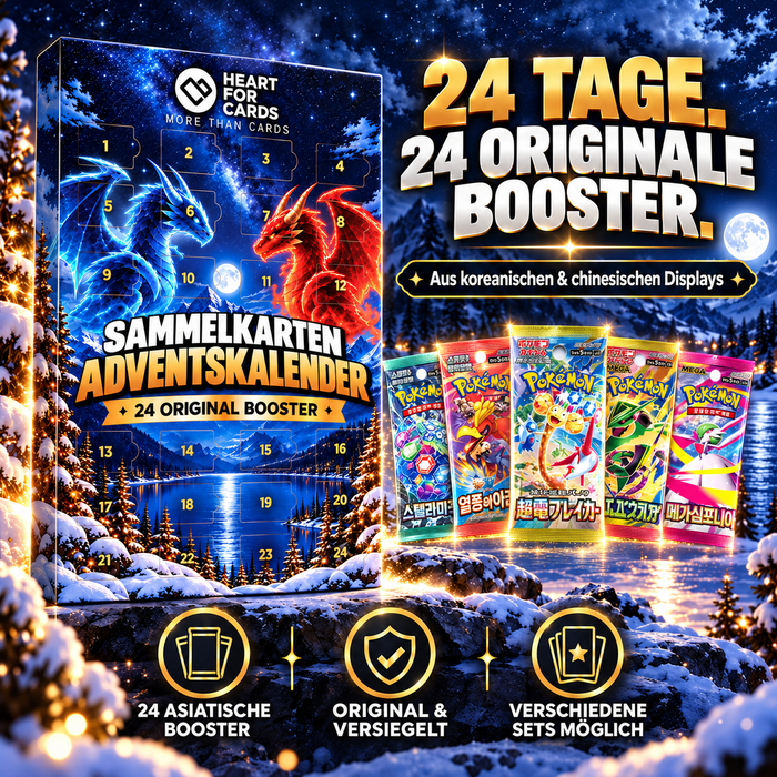 Pokemon Sammelkarten HFC Adventskalender 2026 mit 24 originalen Pokémon-Boosterpacks aus Asien 50x50cm ( CH & KR ) – Weihnachtskalender mit 24 Türchen – Ideal für Weihnachten und zum Verschenken