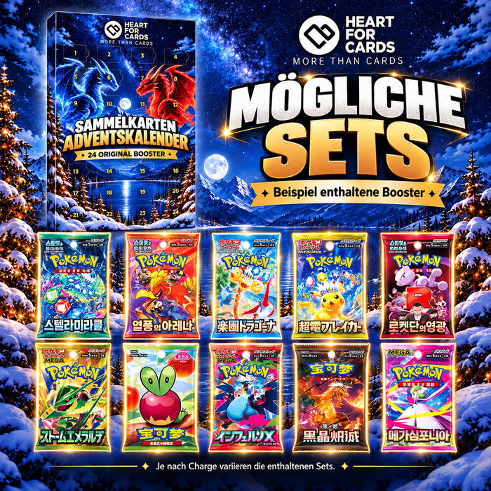 Pokemon Sammelkarten HFC Adventskalender 2026 mit 24 originalen Pokémon-Boosterpacks aus Asien 50x50cm ( CH & KR ) – Weihnachtskalender mit 24 Türchen – Ideal für Weihnachten und zum Verschenken