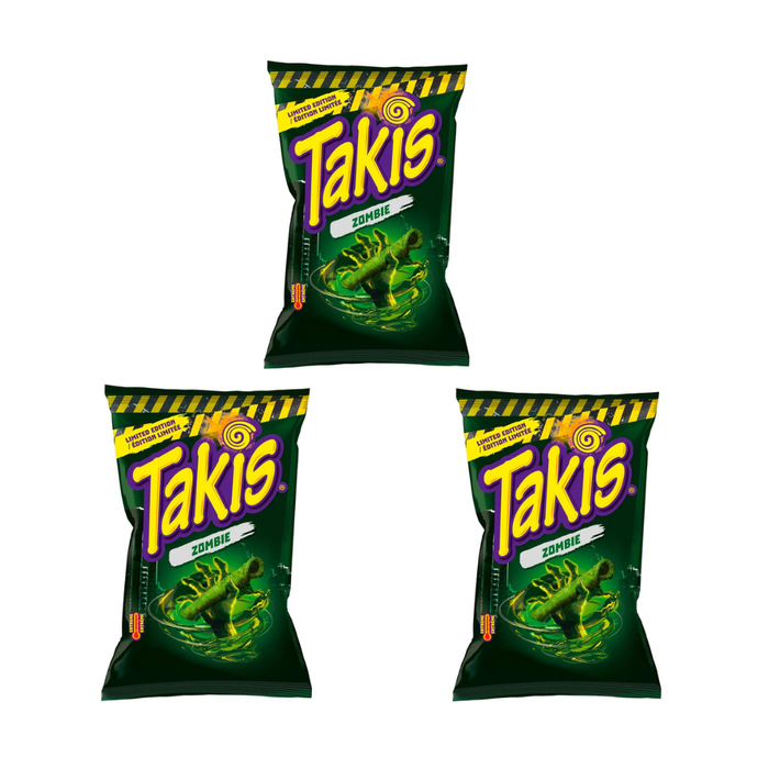 3 x Takis Zombie Limited Edition – 100g Mais-Snacks mit Gurken- & Limettengeschmack | Extra scharf, intensiv würzig & knusprig | Vegane Snacks zum Teilen