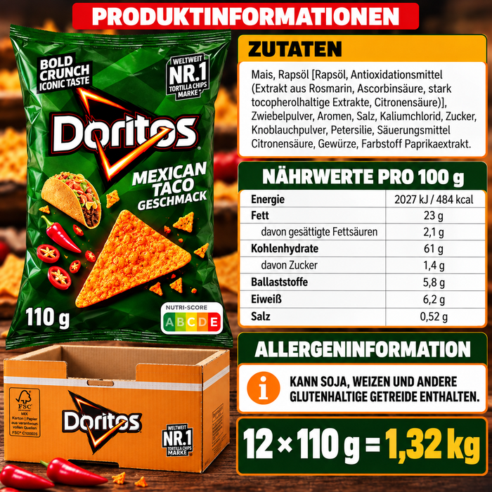Doritos Mexican Taco Tortilla Chips 12er Pack – 12 × 110 g (1,32 kg) – Knusprige Maischips mit würzigem Taco-Geschmack