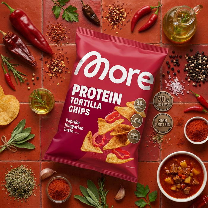 2x MORE Protein Tortilla Chips Paprika Hungarian Taste 50 g – Proteinreiche Kartoffel-Snacks mit ungarischer Paprika-Würzung – 100 g Gesamt