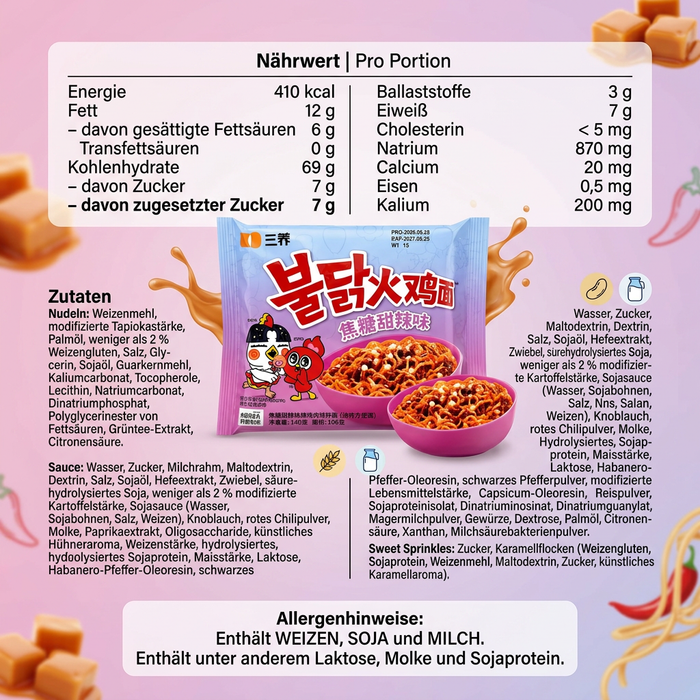 5x Samyang Buldak Caramel Sweet & Spicy 130 g – Koreanische Instant-Nudeln mit Karamell-Geschmack und würziger Sauce (650 g)